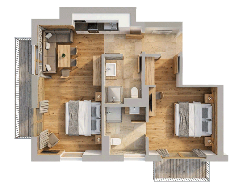 Grundriss von Wohnung 40 mit 2 Schlafzimmern