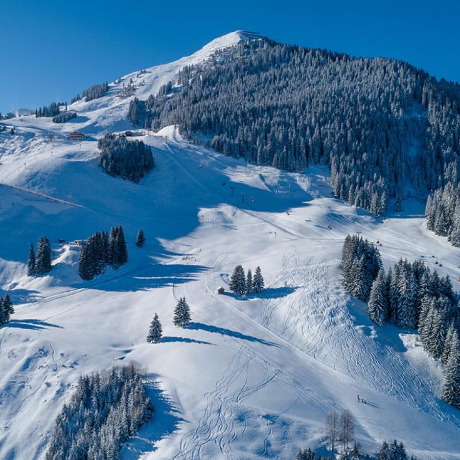 Der Zwölferkogel in Hinterglemm in weißer Neuschneepracht und tiefblauem Himmel
