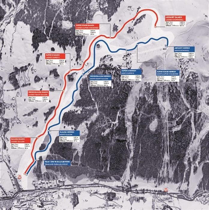 Die Übersichtskarte zeigt die Streckenführung der Damen- und Herren Abfahrt am Zwölferkogel für die alpine Ski-WM 2025 in Saalbach-Hinterglemm
