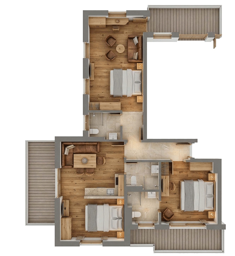 Grundriss von Ferienwohnung 60 mit 3 Schlafzimmern