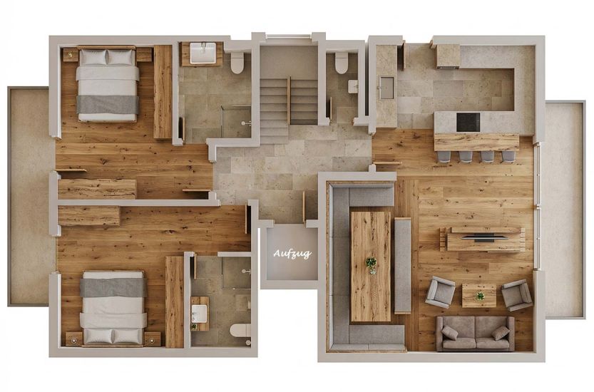 Grundriss der Ferienwohnung 80 für 4 bis 6 Personen mit zwei Schlafzimmern, Wohnküche und drei Bädern