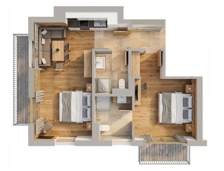 Grundriss der Ferienwohnung 40 für 4 Personen in Saalbach Hinterglemm mit 2 Schlafzimmern, Wohnküche und 2 Badezimmern